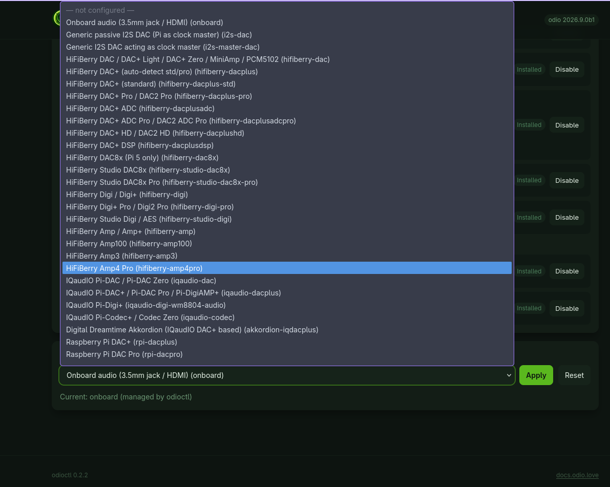 Settings page: picking the DAC overlay from the supported boards